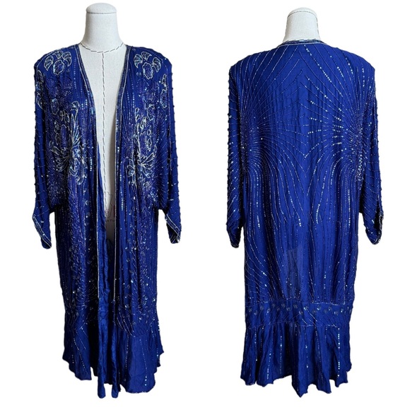 RARE Vintage 80s Judith Ann 2 pc Blue Silk Sequin Beaded Kimono Jacket and Dress - Picture 4 of 16